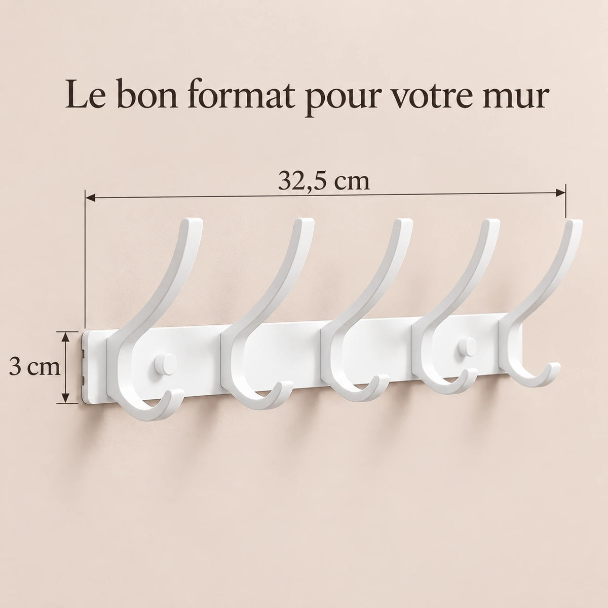 Crochet mural pliant blanc 5 crochets aluminium, porte-manteau mural blanc : infographie des dimensions
