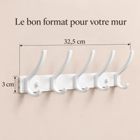 Crochet mural pliant blanc 5 crochets aluminium, porte-manteau mural blanc : infographie des dimensions