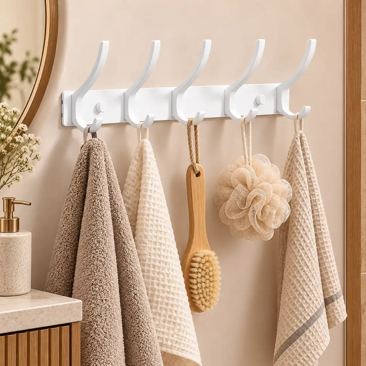 Crochet mural pliant blanc 5 crochets aluminium, porte-manteau mural blanc : installé dans une salle de bain claire