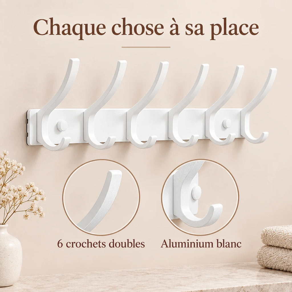 Crochet mural pliant blanc 6 crochets aluminium, porte-manteau mural blanc : infographie des crochets doubles et de l'aluminium blanc