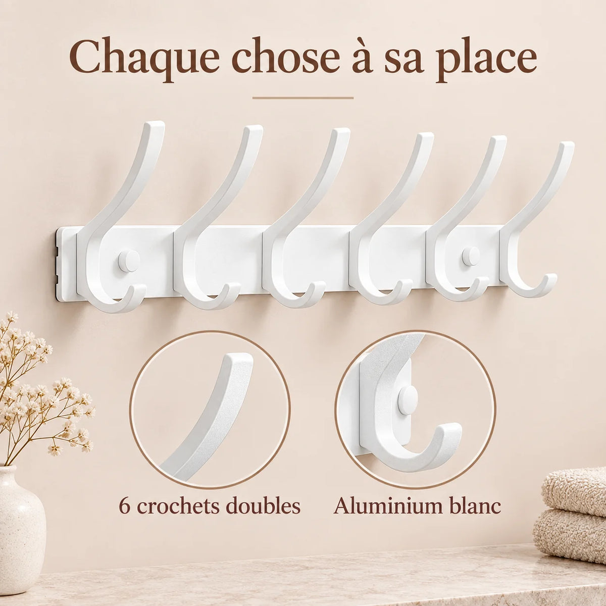 Crochet mural pliant blanc 6 crochets aluminium, porte-manteau mural blanc : infographie des crochets doubles et de l'aluminium blanc