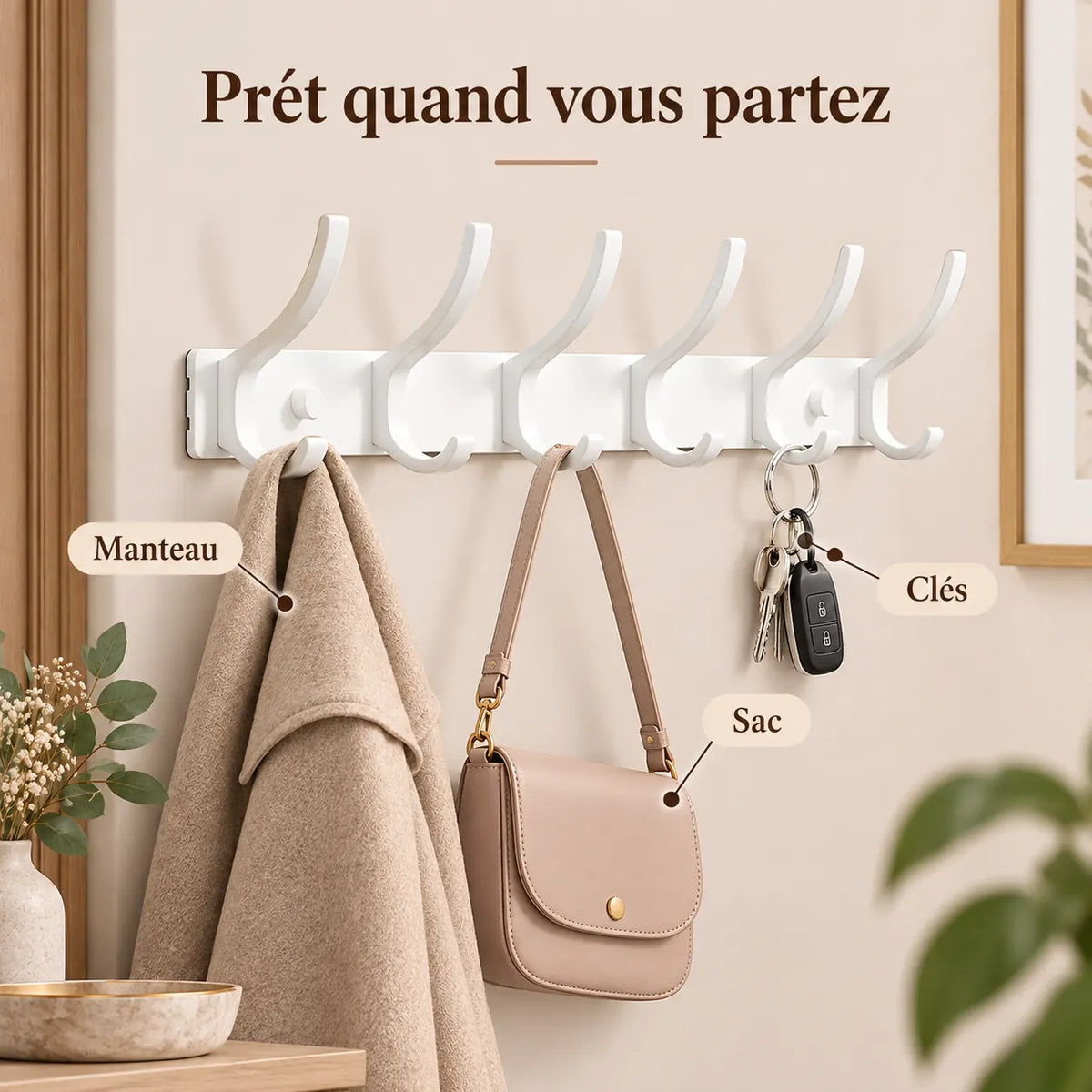 Crochet mural pliant blanc 6 crochets aluminium, porte-manteau mural blanc : avec manteau, sac et clés suspendus