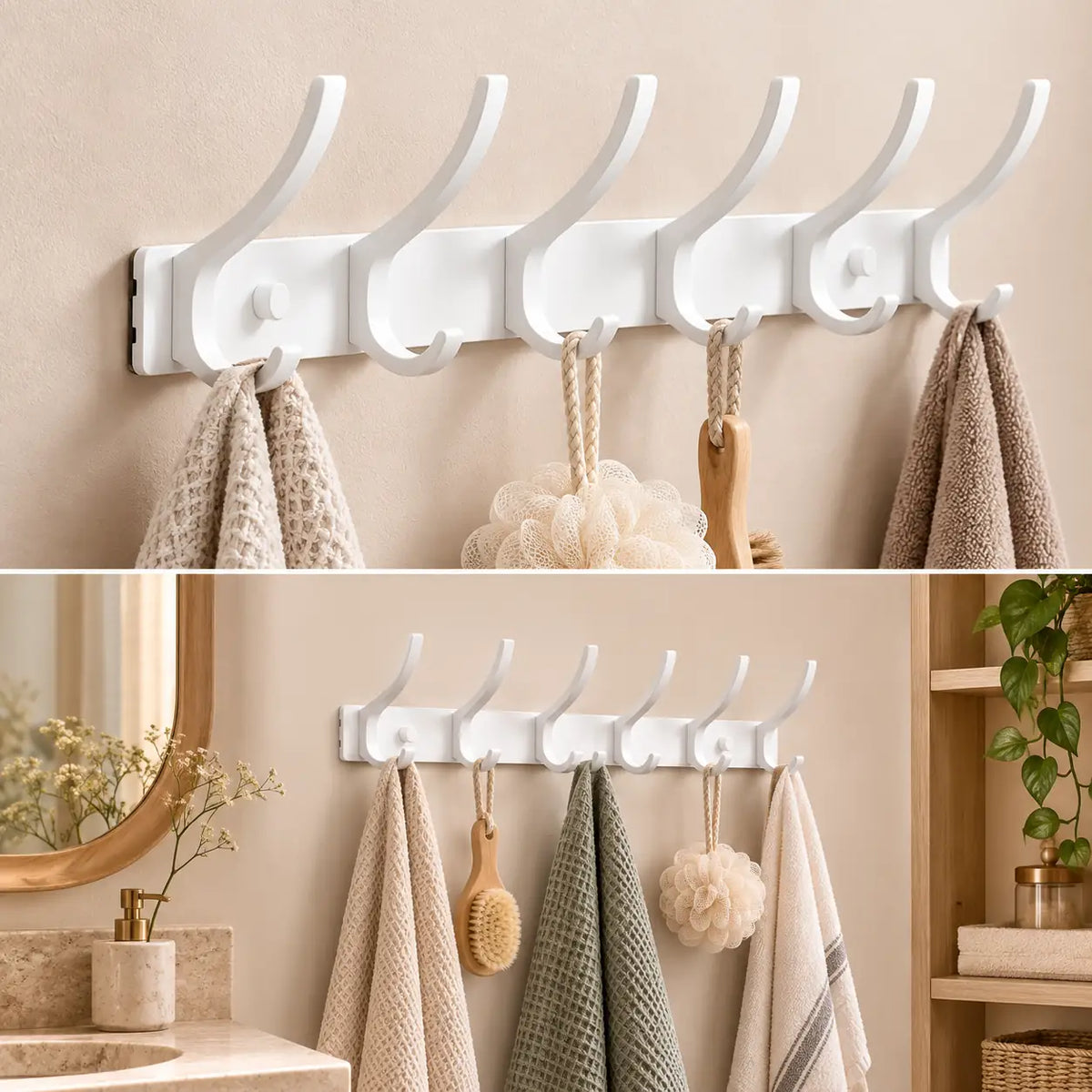 Crochet mural pliant blanc 6 crochets aluminium, porte-manteau mural blanc : installé dans une salle de bain claire