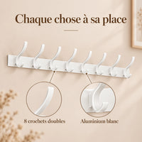 Crochet mural pliant blanc 8 crochets aluminium, porte-manteau mural blanc : infographie des crochets doubles et de l'aluminium blanc