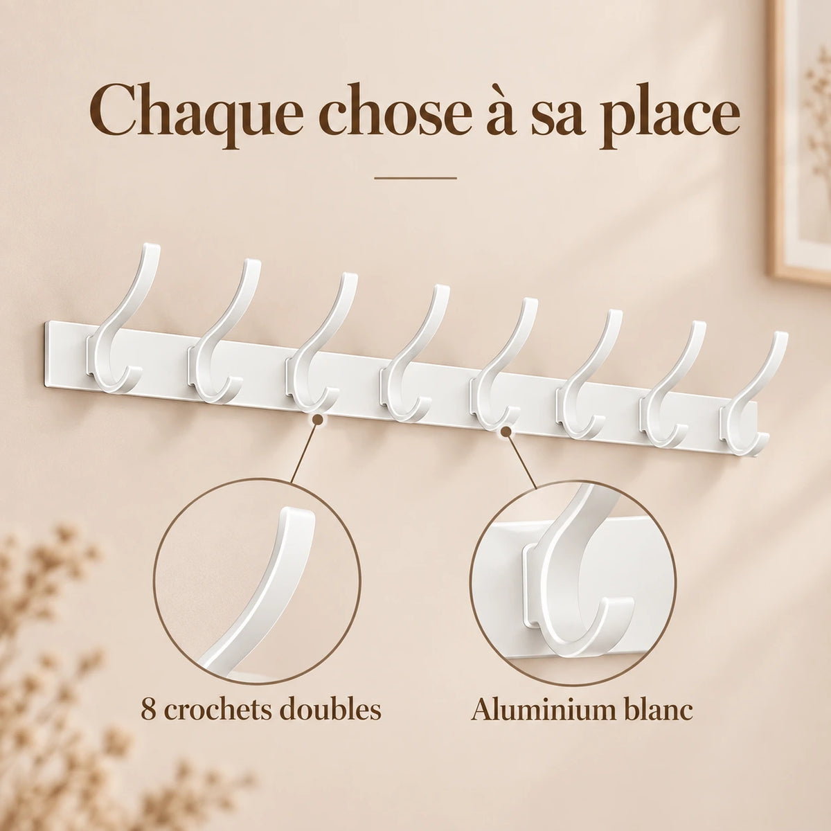 Crochet mural pliant blanc 8 crochets aluminium, porte-manteau mural blanc : infographie des crochets doubles et de l'aluminium blanc