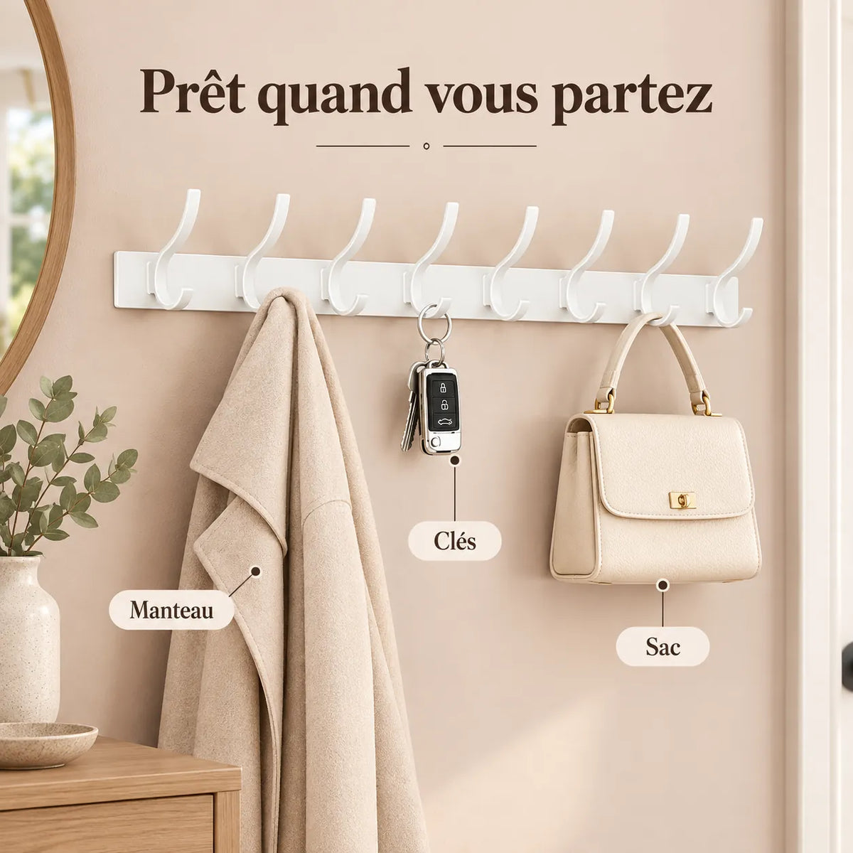 Crochet mural pliant blanc 8 crochets aluminium, porte-manteau mural blanc : avec manteau, sac et clés suspendus