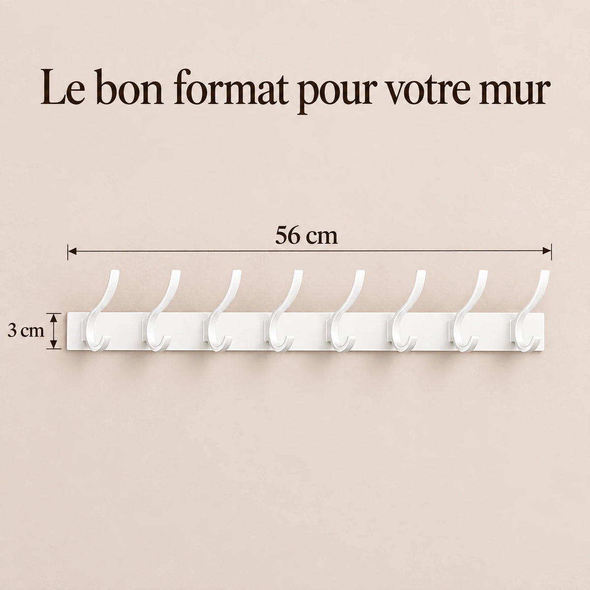 Crochet mural pliant blanc 8 crochets aluminium, porte-manteau mural blanc : infographie des dimensions