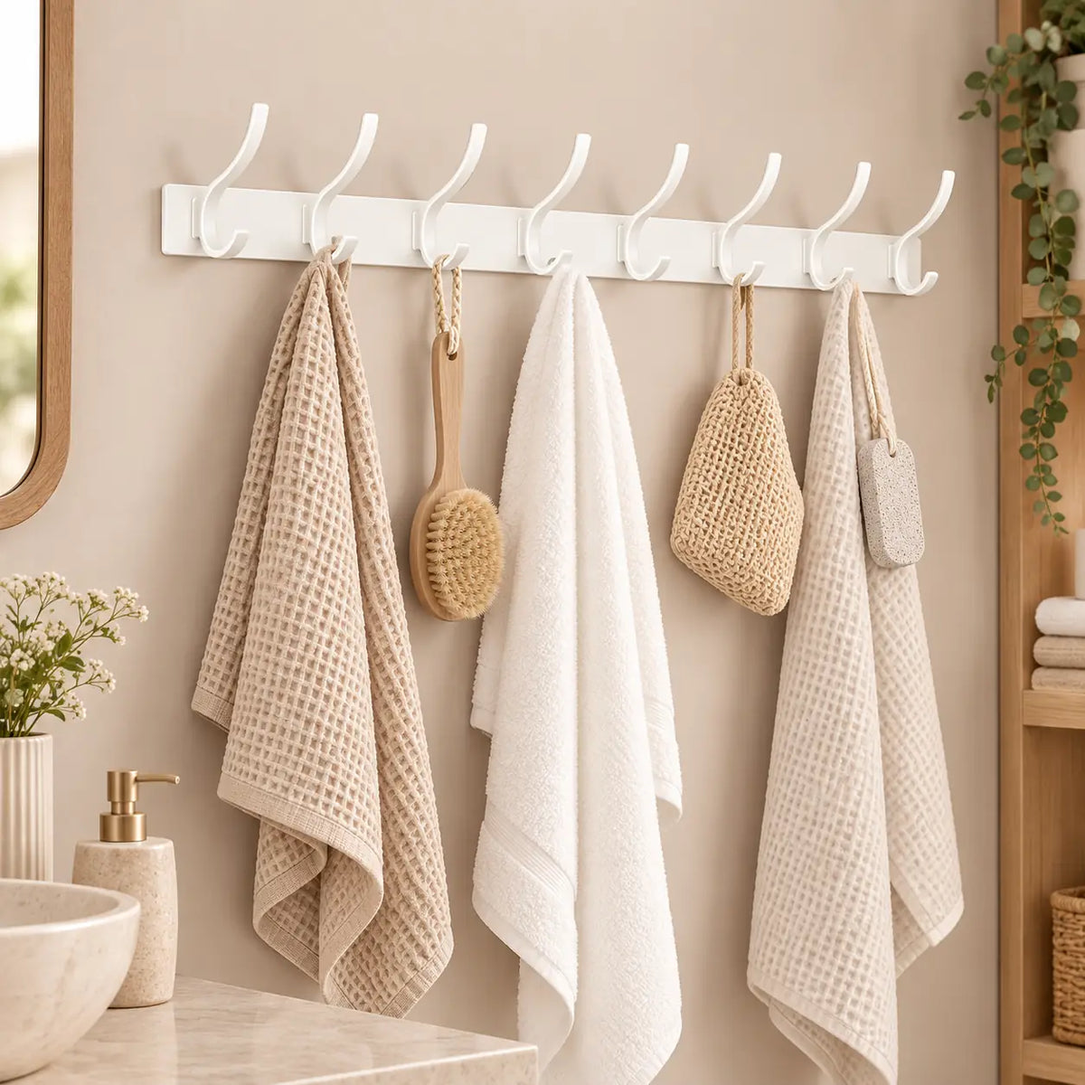 Crochet mural pliant blanc 8 crochets aluminium, porte-manteau mural blanc : installé dans une salle de bain claire