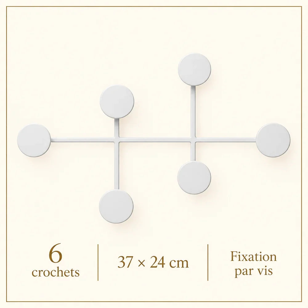 Porte-vêtement mural blanc à 6 crochets ronds : six crochets, dimensions et pose par vis