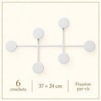 Porte-vêtement mural blanc à 6 crochets ronds : six crochets, dimensions et pose par vis