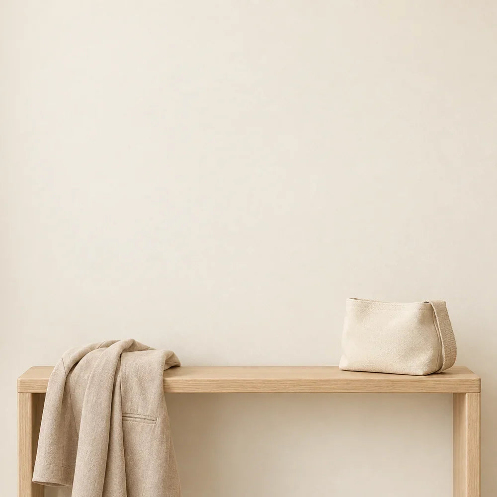 Porte-vêtement mural blanc à 6 crochets ronds : illustration d’une veste et d’un sac posés sur une console