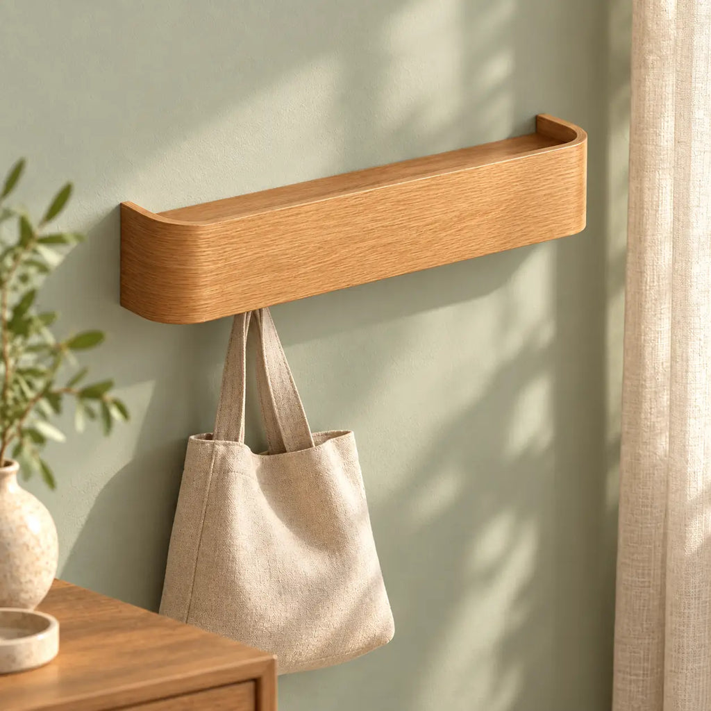 Porte-manteau mural bois couleur naturelle 5 crochets — dans une chambre avec un sac suspendu