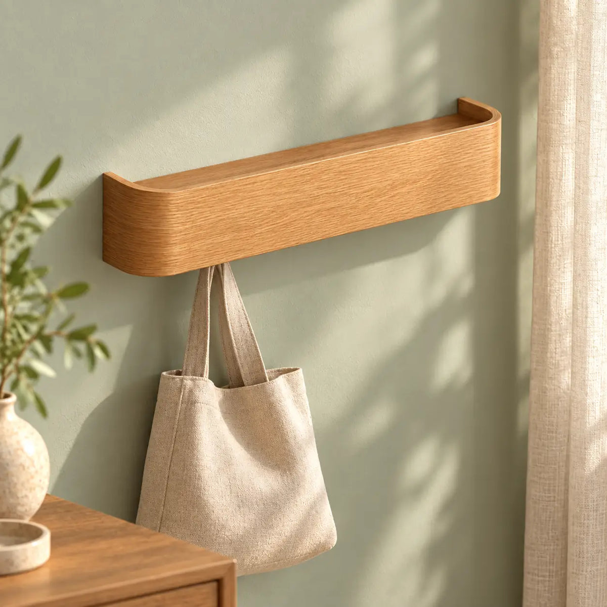 Porte-manteau mural bois couleur naturelle 5 crochets — dans une chambre avec un sac suspendu