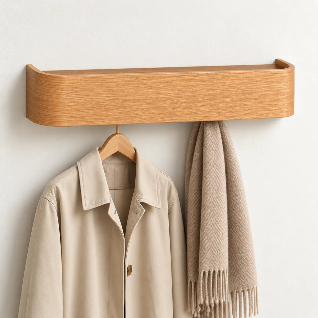 Porte-manteau mural bois couleur naturelle 5 crochets — avec une veste et une écharpe suspendues