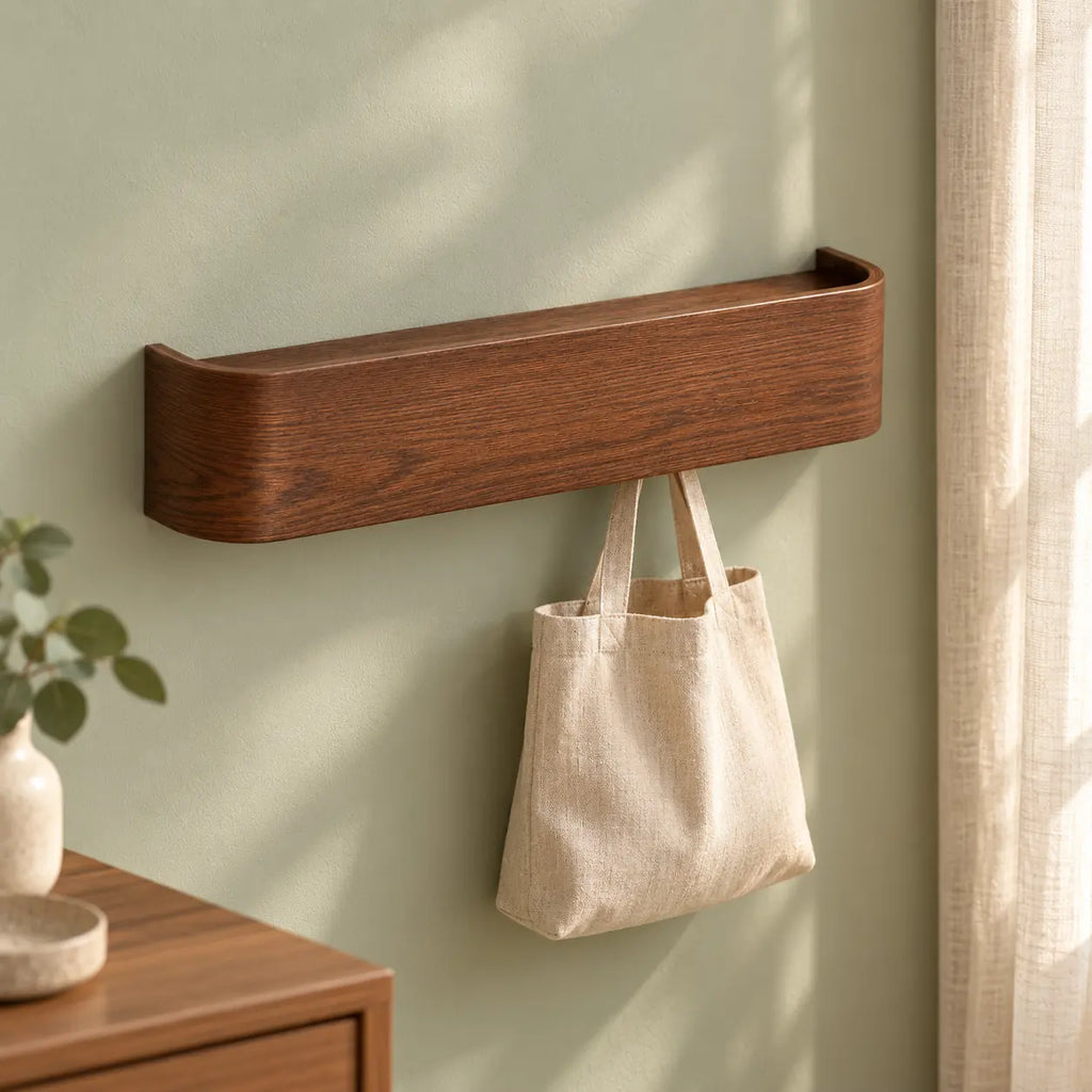 Porte-manteau mural bois noyer noir 5 crochets — dans une chambre avec un sac suspendu