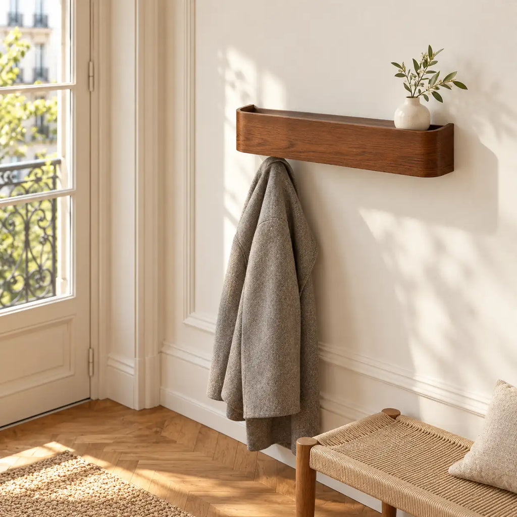 Porte-manteau mural bois noyer noir 5 crochets — dans une entrée aménagée
