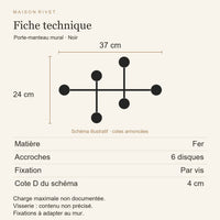 Fiche technique noir : fer, largeur 37 cm, hauteur 24 cm, six disques, fixation par vis, cote D fournisseur 40 mm