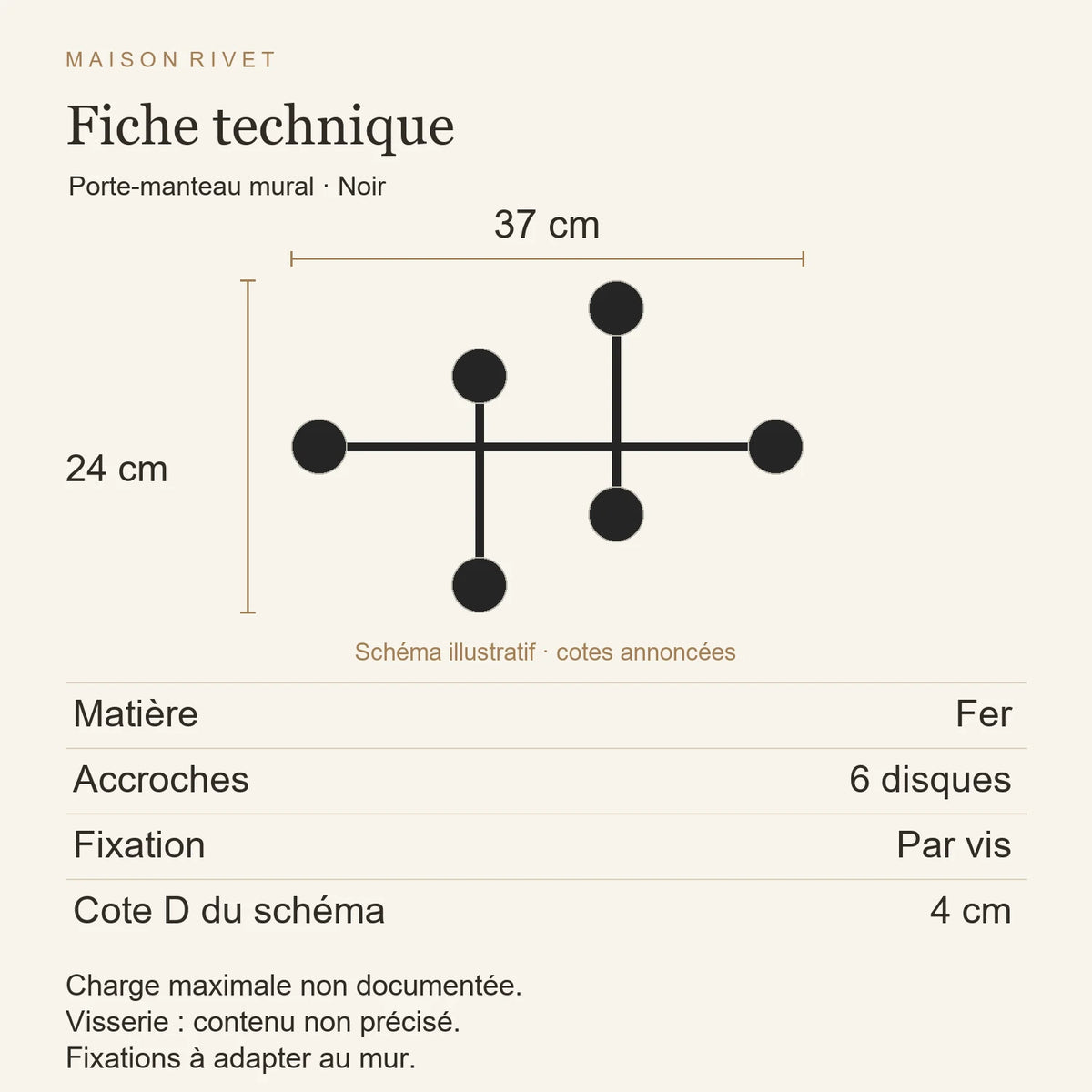 Fiche technique noir : fer, largeur 37 cm, hauteur 24 cm, six disques, fixation par vis, cote D fournisseur 40 mm
