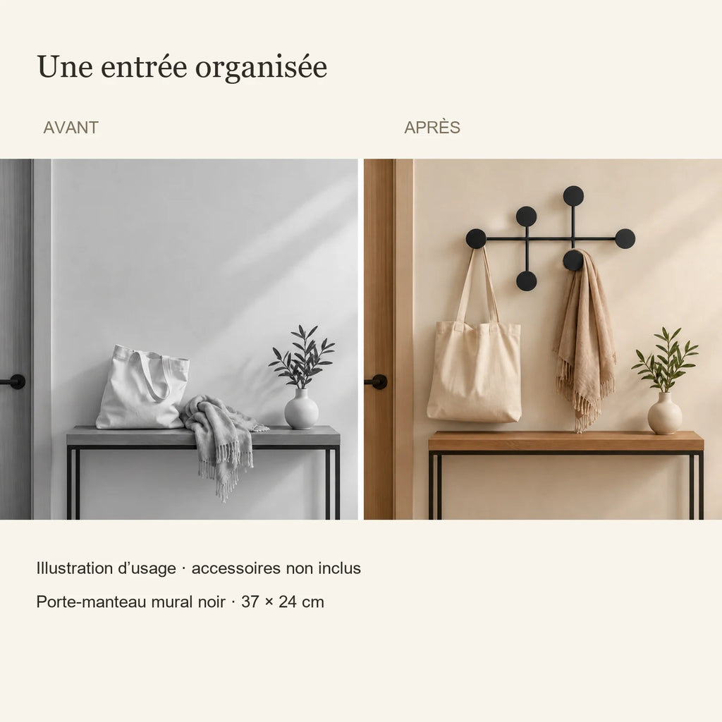 Avant et après illustratif, même entrée avec le porte-manteau noir, accessoires non inclus