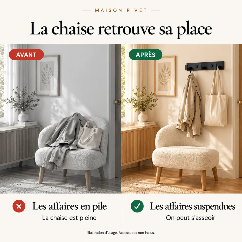 Avant et après illustratif : affaires sur une chaise puis suspendues au modèle à 3 crochets
