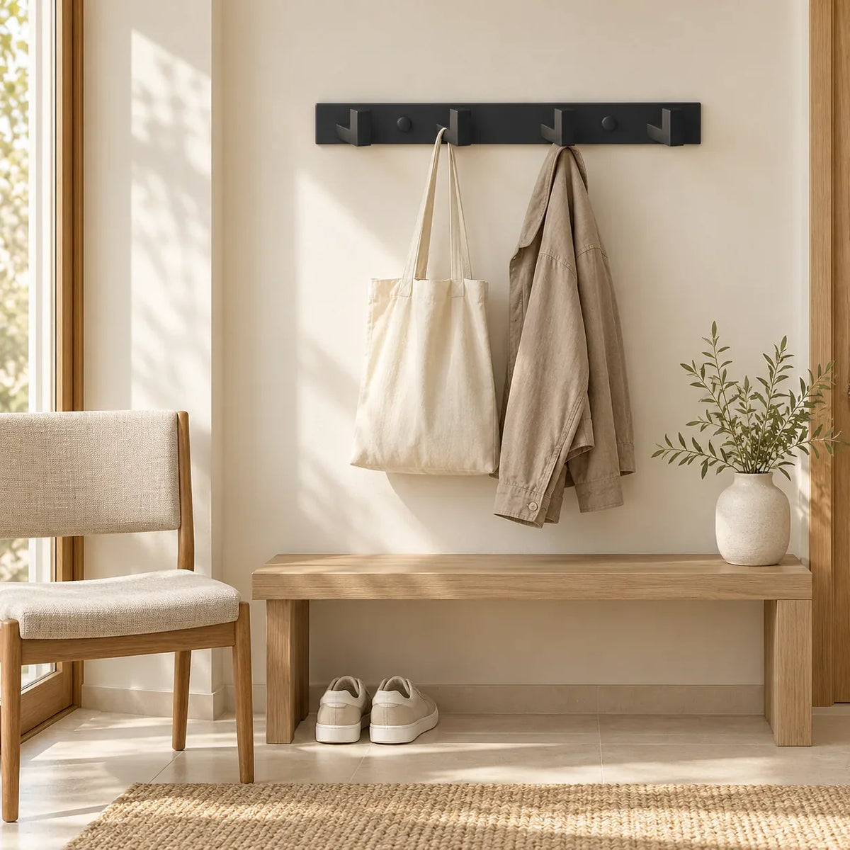 Support noir à 4 crochets avec veste sèche et sac suspendus dans une entrée claire Image