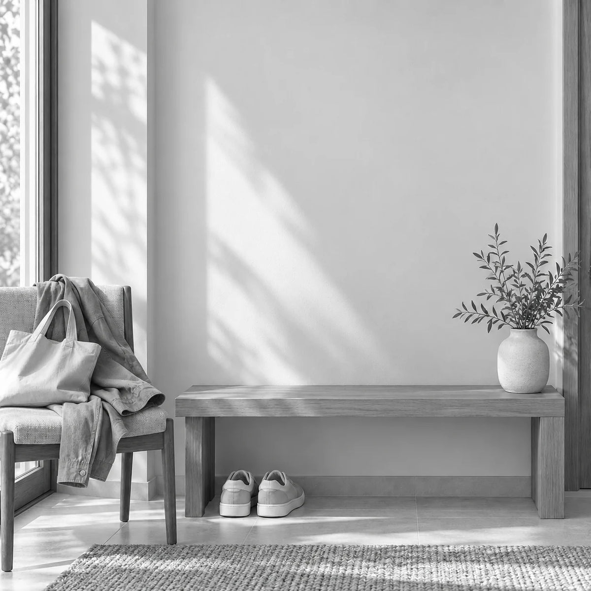 Avant illustratif : veste et sac sur une chaise dans le même coin de pièce, sans personne ni jouet