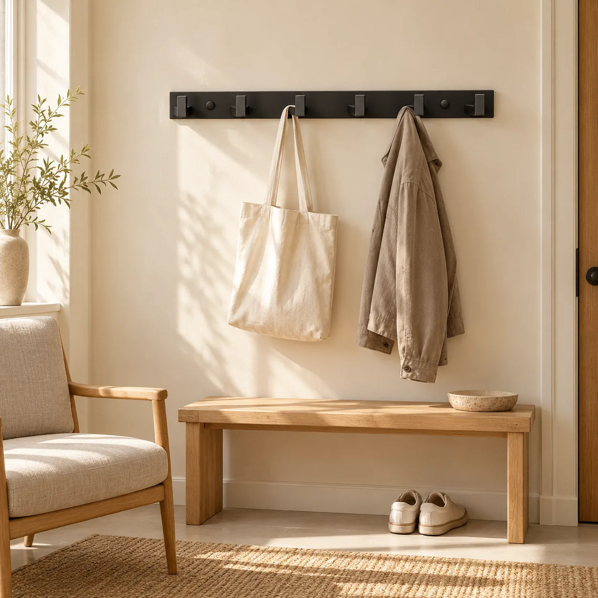 Support noir à 6 crochets avec veste sèche et sac suspendus dans une entrée claire