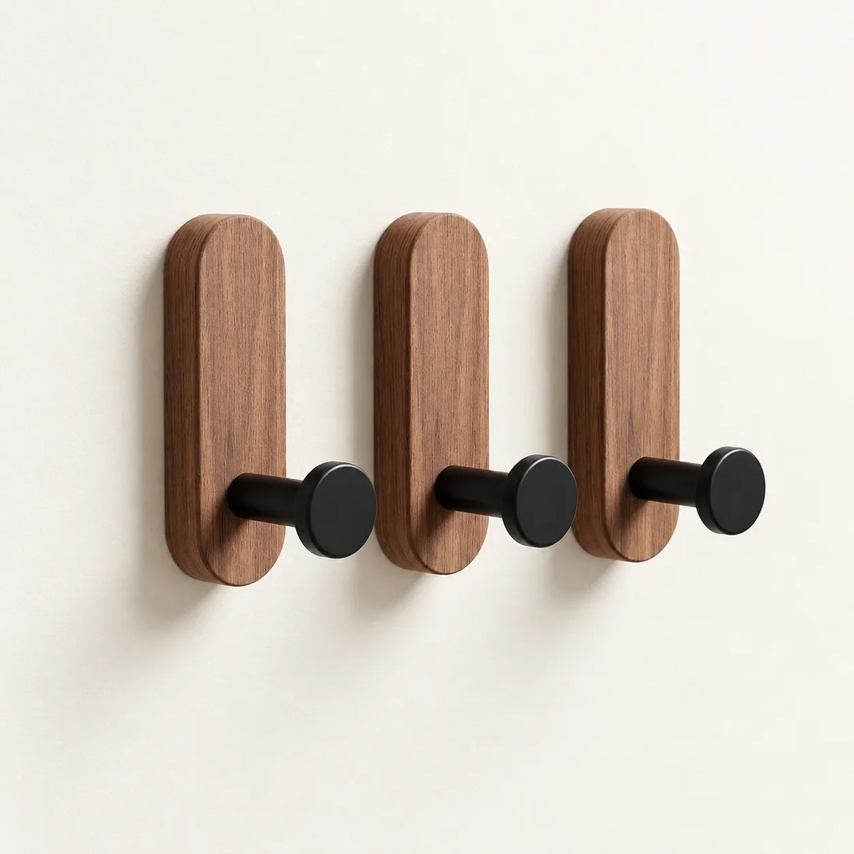 Patère bois adhésive bois brun et noir, lot de 3 : vue principale