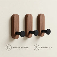 Patère bois adhésive bois brun et noir, lot de 3 : fixation adhésive et attente de 24 heures
