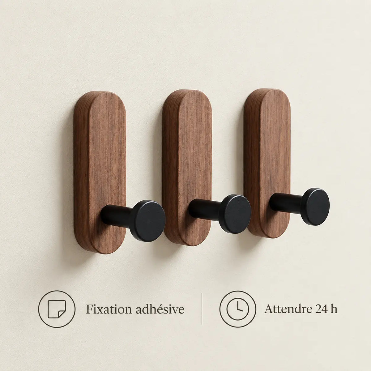 Patère bois adhésive bois brun et noir, lot de 3 : fixation adhésive et attente de 24 heures