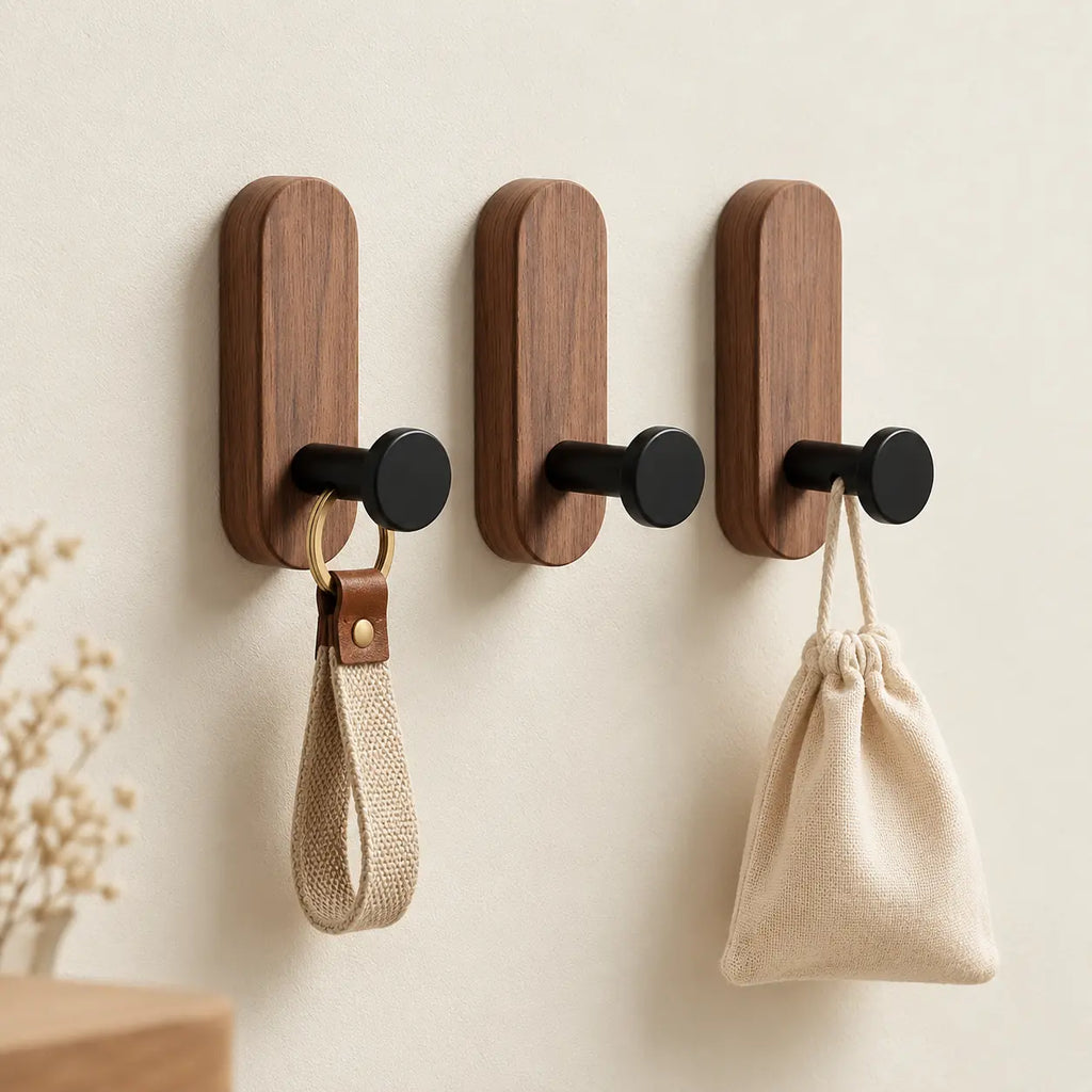 Patère bois adhésive bois brun et noir, lot de 3 : accessoires suspendus