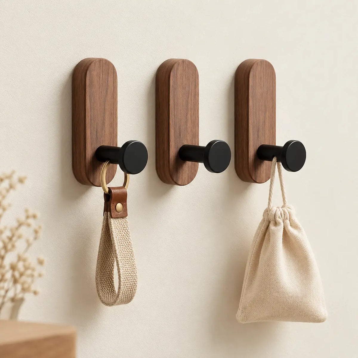 Patère bois adhésive bois brun et noir, lot de 3 : accessoires suspendus