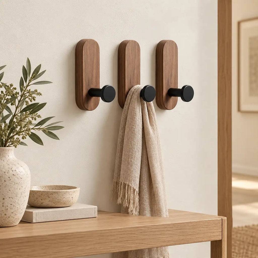 Patère bois adhésive bois brun et noir, lot de 3 : mise en situation dans une entrée