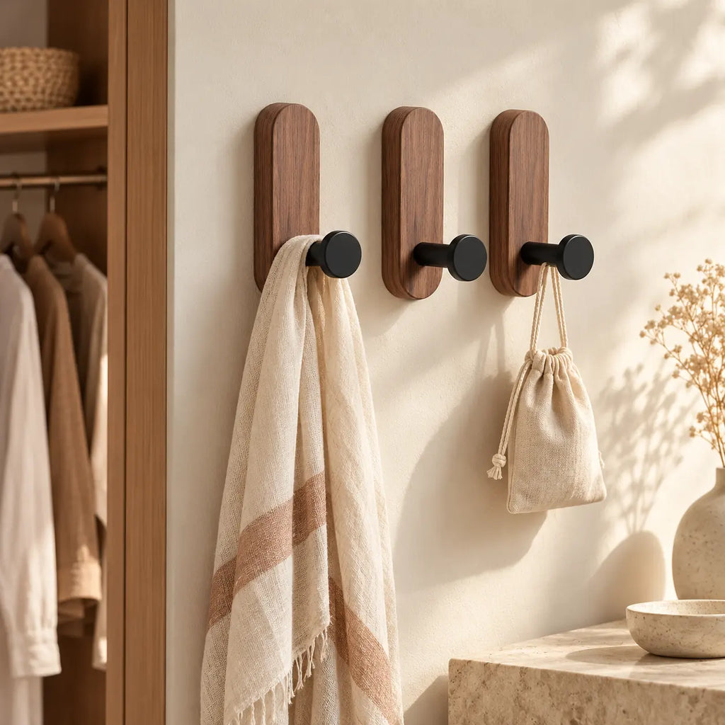 Patère bois adhésive bois brun et noir, lot de 3 : mise en situation près d’un rangement