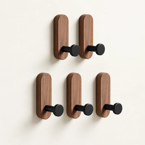 Patère bois adhésive bois brun et noir, lot de 5