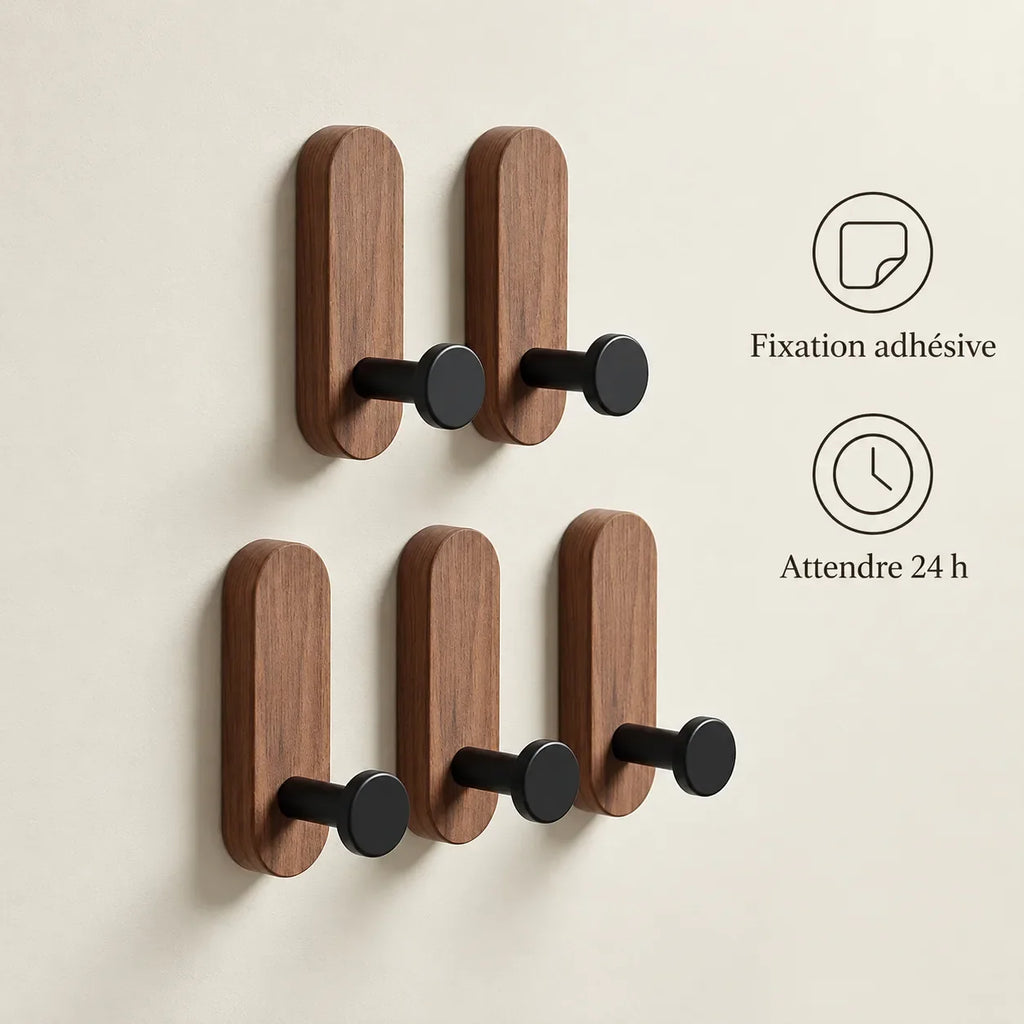 Patère bois adhésive bois brun et noir, lot de 5 : fixation adhésive et attente de 24 heures
