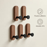 Patère bois adhésive bois brun et noir, lot de 5 : fixation adhésive et attente de 24 heures