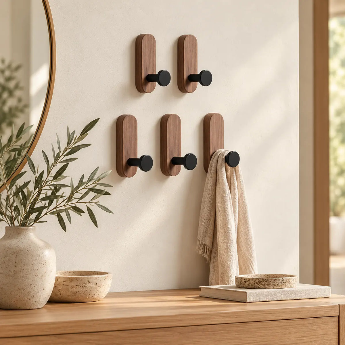 Patère bois adhésive bois brun et noir, lot de 5 : mise en situation dans une entrée Image