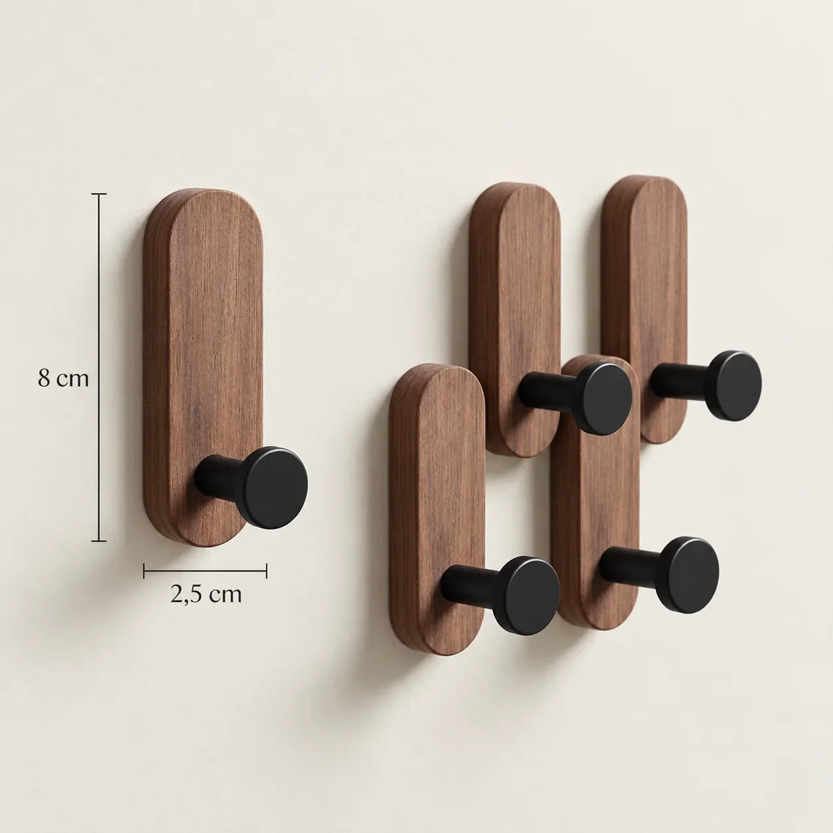 Patère bois adhésive bois brun et noir, lot de 5 : dimensions du panneau 8 × 2,5 cm