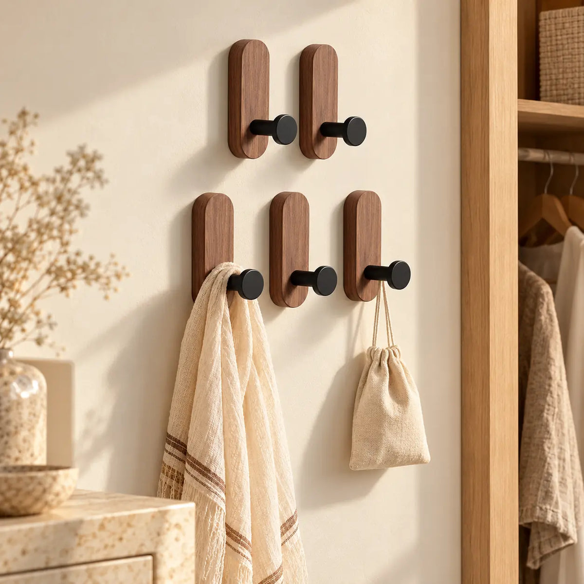 Patère bois adhésive bois brun et noir, lot de 5 : mise en situation près d’un rangement