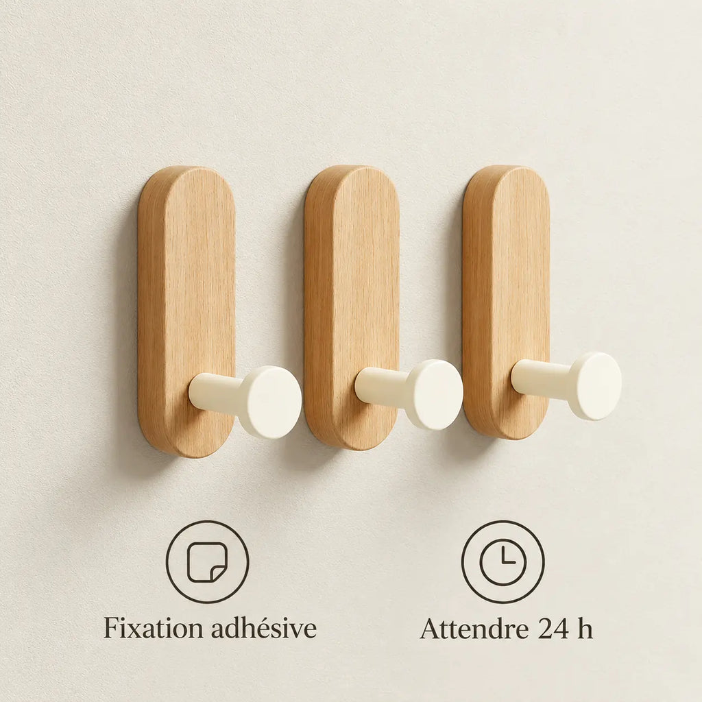 Patère bois adhésive bois clair et crème, lot de 3 : fixation adhésive et attente de 24 heures