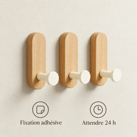 Patère bois adhésive bois clair et crème, lot de 3 : fixation adhésive et attente de 24 heures