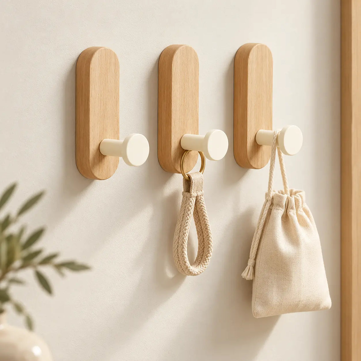 Patère bois adhésive bois clair et crème, lot de 3 : accessoires suspendus