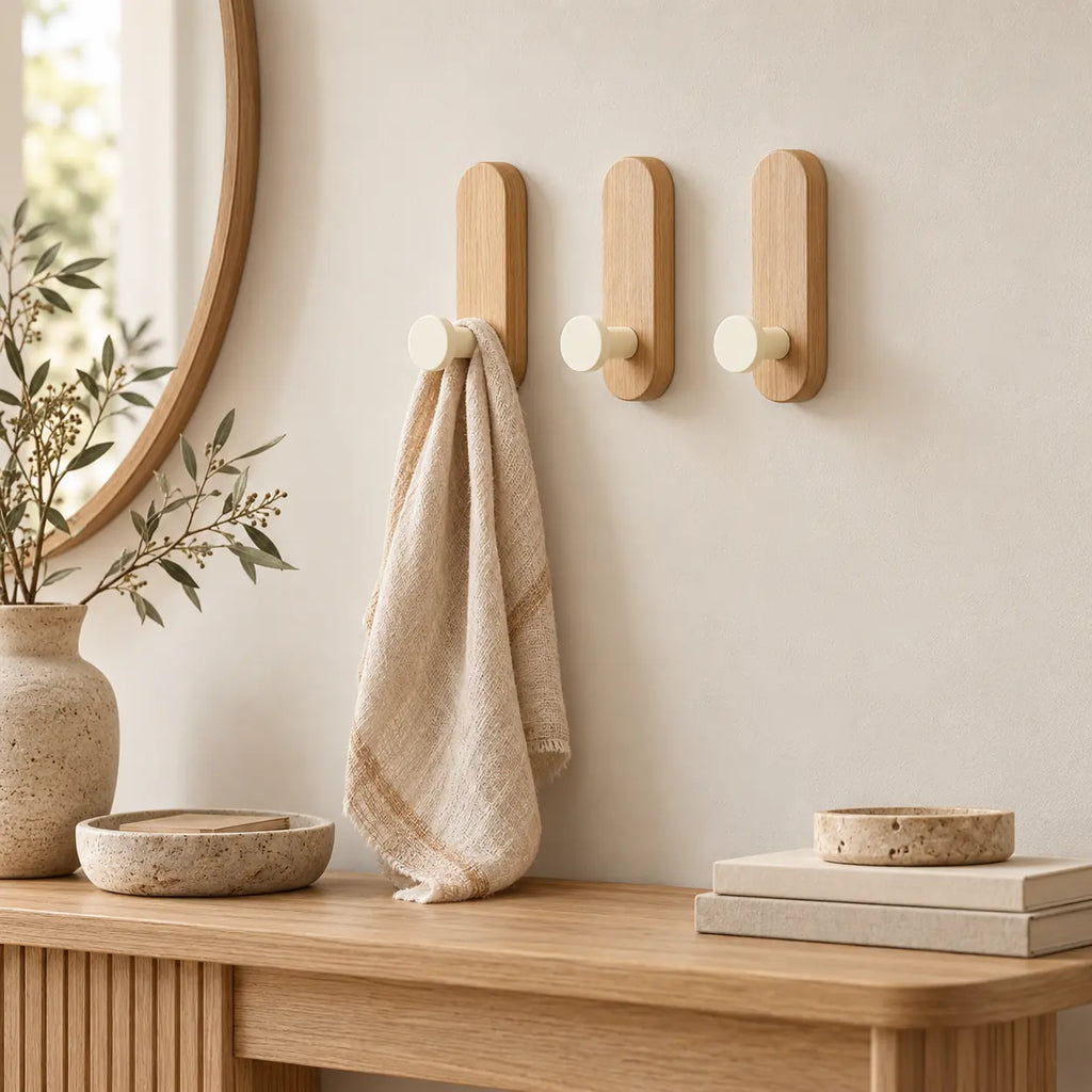 Patère bois adhésive bois clair et crème, lot de 3 : mise en situation dans une entrée