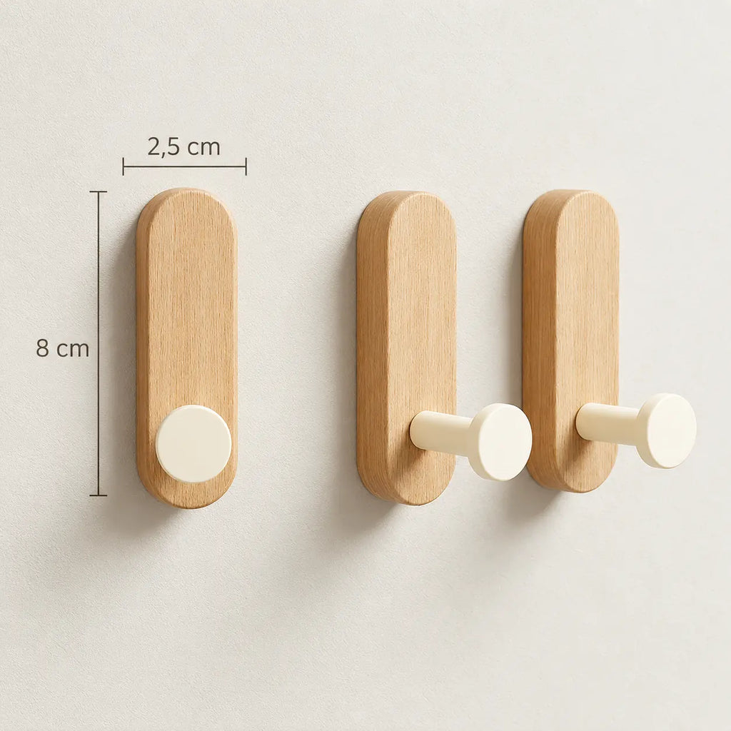 Patère bois adhésive bois clair et crème, lot de 3 : dimensions du panneau 8 × 2,5 cm