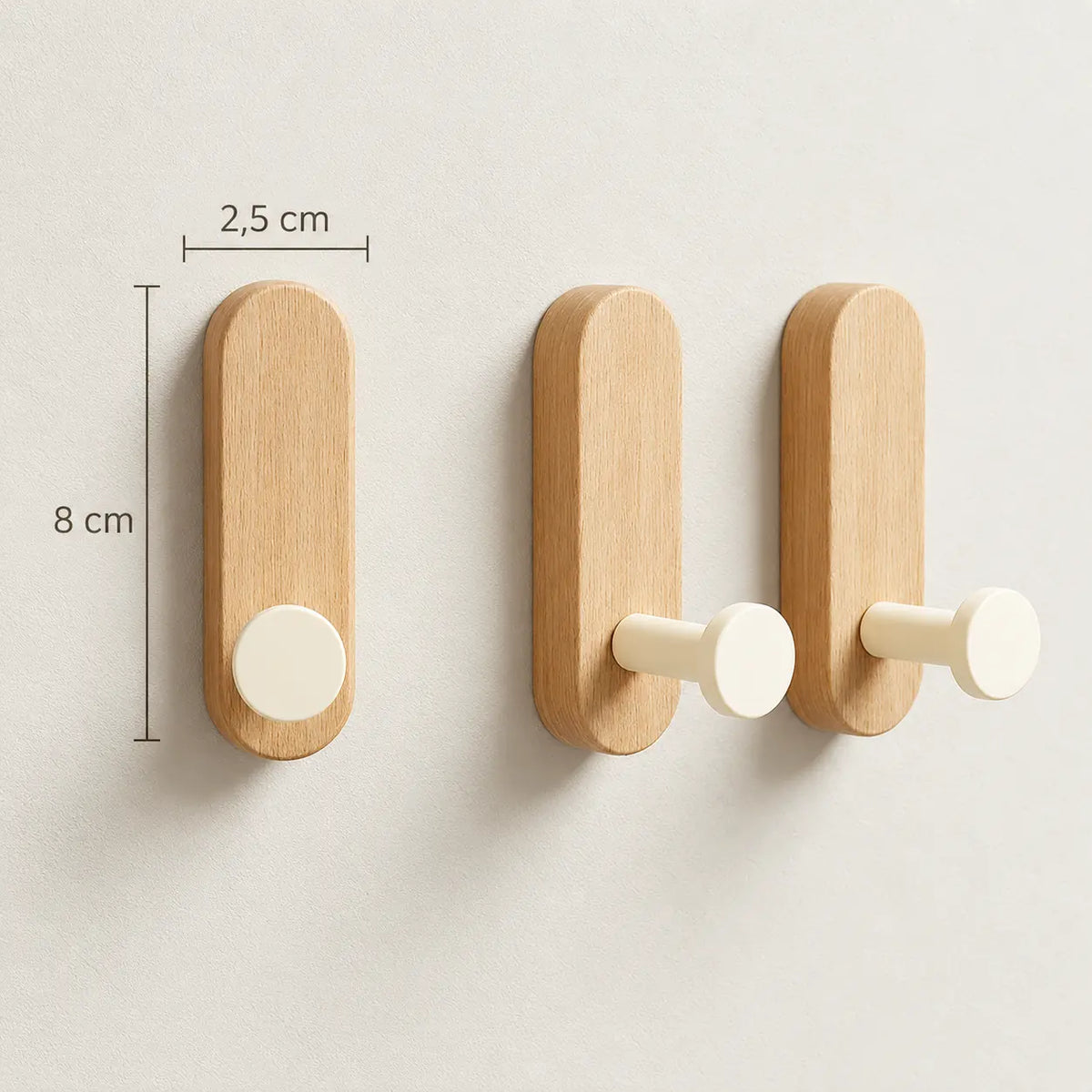 Patère bois adhésive bois clair et crème, lot de 3 : dimensions du panneau 8 × 2,5 cm
