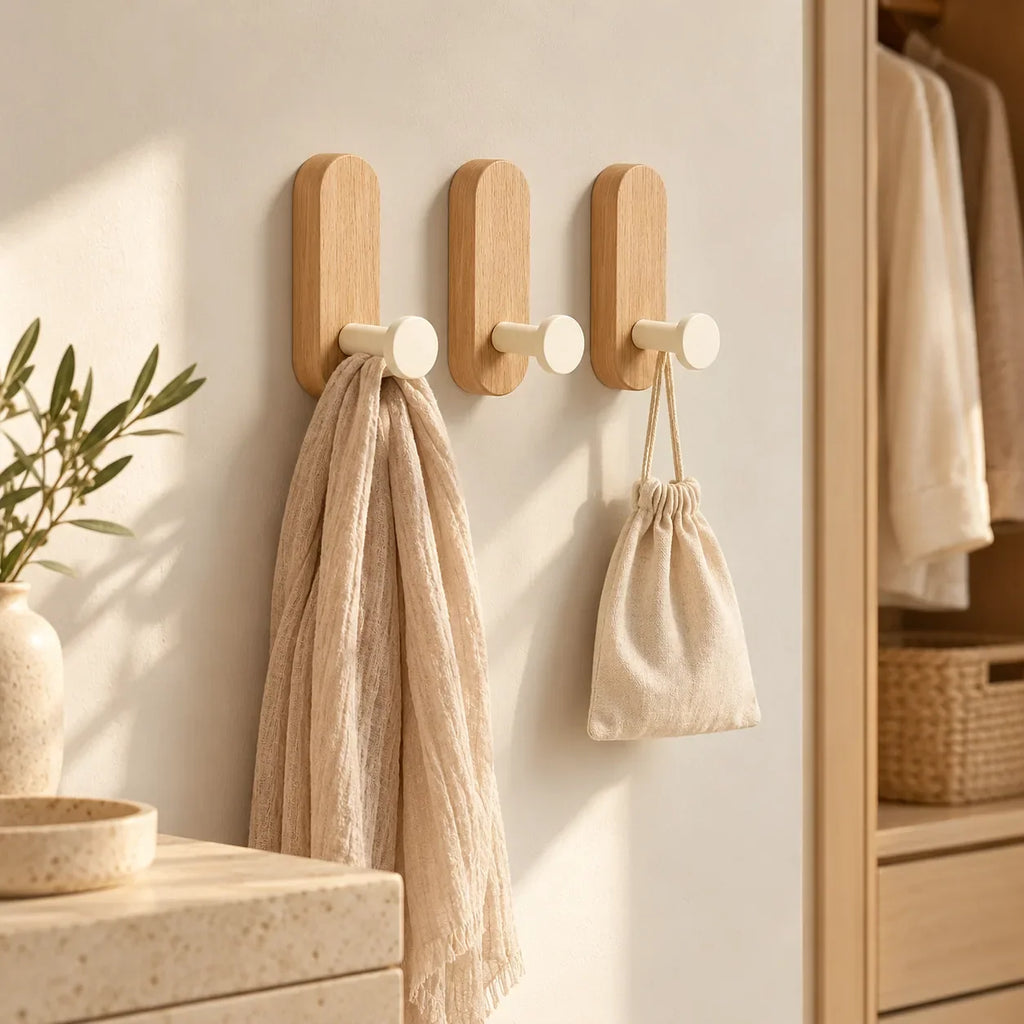 Patère bois adhésive bois clair et crème, lot de 3 : mise en situation près d’un rangement