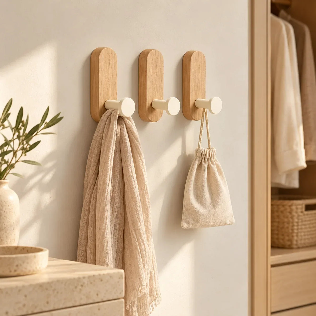 Patère bois adhésive bois clair et crème, lot de 3 : mise en situation près d’un rangement