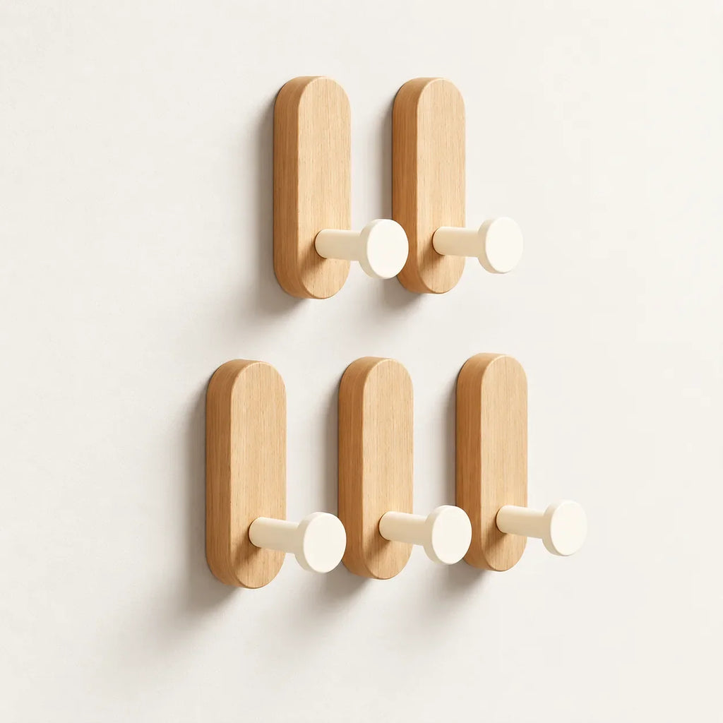 Patère bois adhésive bois clair et crème, lot de 5 : vue principale