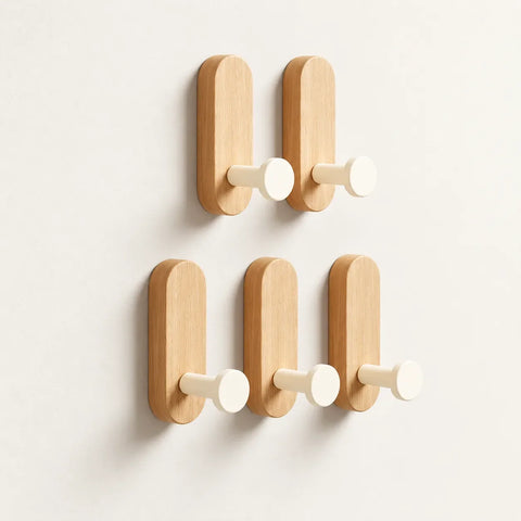 Patère bois adhésive bois clair et crème, lot de 5